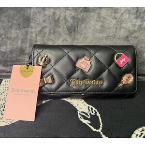 Juicy Couture Black Quilted Wallet Charm Embellished Bifold Clutch NWT